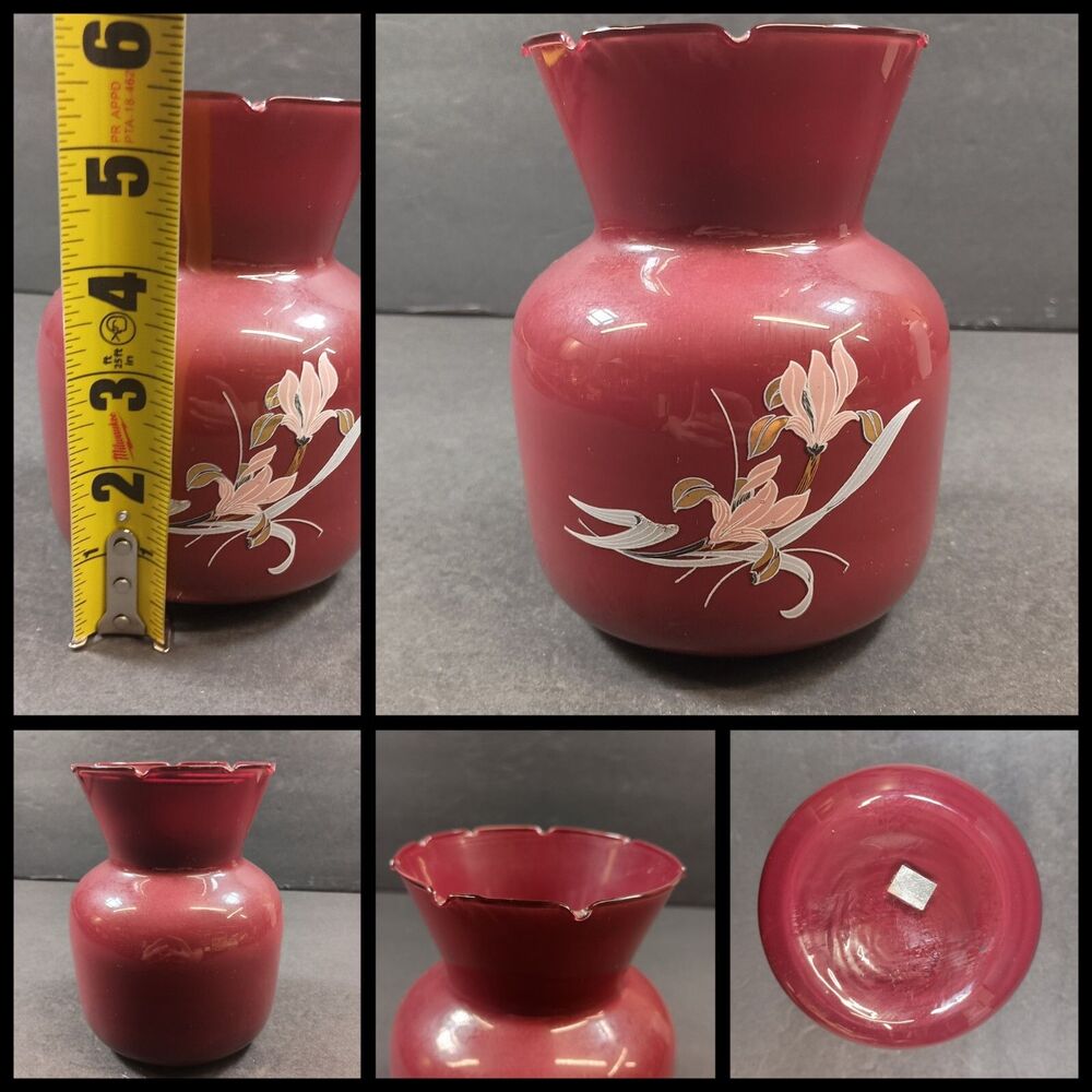 Vintage Burgundy Vase Glass Floral Lily Iris  Maroon Small